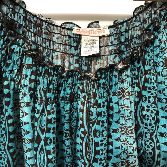 CLAUDIA RICHARD Boho Peasant Top Blue Brown Sz LG - Picture 6 of 15